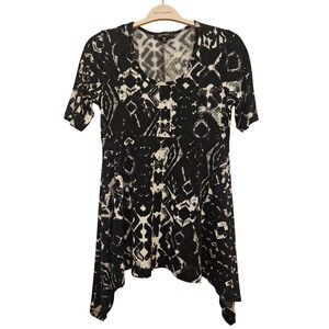 Karen Kane Y2K Black White Abstract Print Asymmetrical Hem Top Tunic Size M